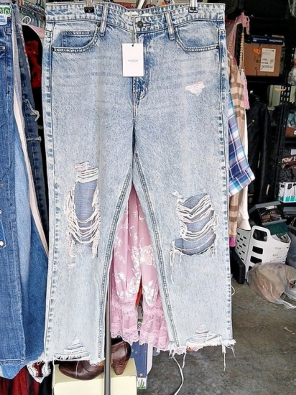 Hidden High Rise Slim Boyfriend Multi Colored Thread Distressed Jeans